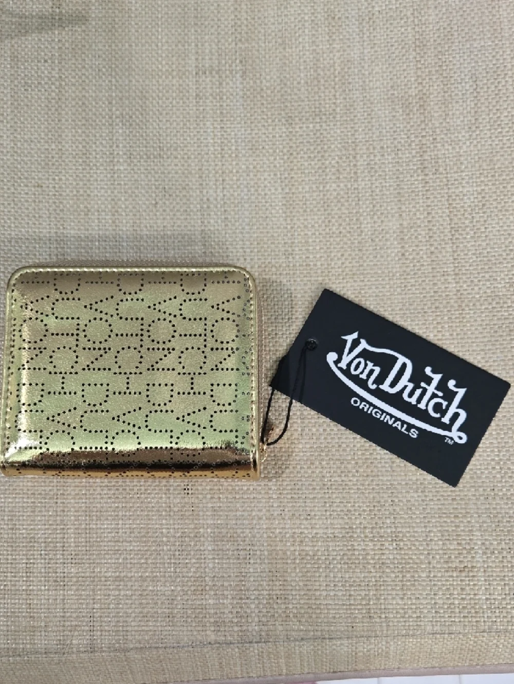 Von Dutch Shiny Gold Perforated Zip-Around Wallet